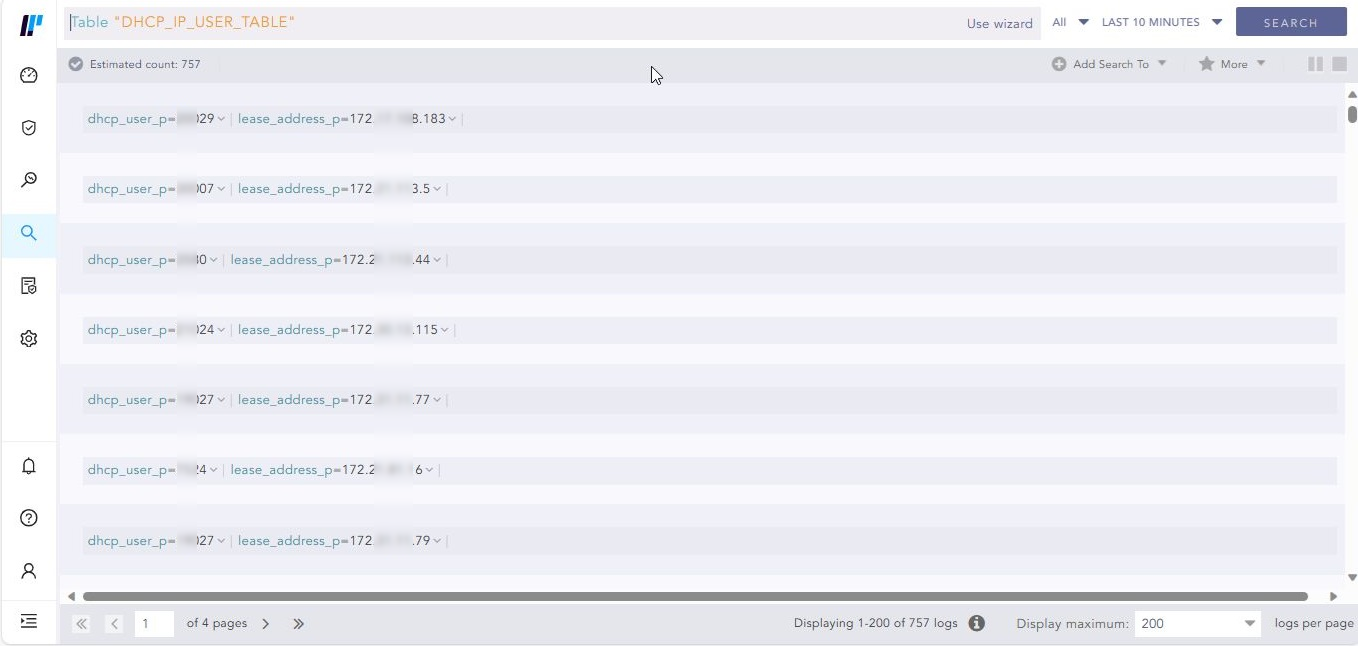 動的テーブル DHCP_IP_USER_TABLEの内容例 動的テーブル DHCP_IP_USER_TABLEの内容例